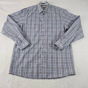 Michael Kors Non Iron Shirt Men's Sz L 16 34/35 White Blue Plaid Cotton
